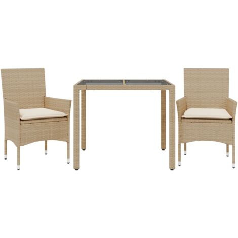 Ensemble à manger de jardin et coussins 3 pcs，Salon de jardin beige rotin verre CFW31967
