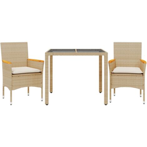 Ensemble à manger de jardin et coussins 3 pcs，Salon de jardin beige rotin verre CFW53321