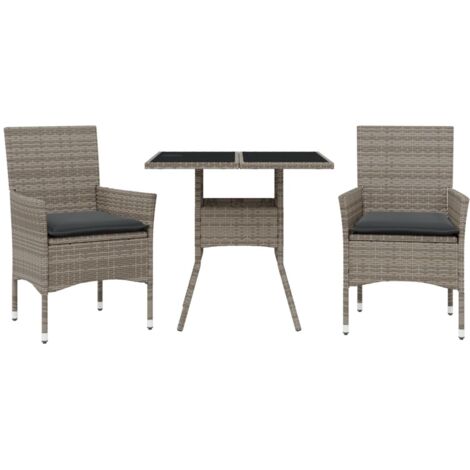 Ensemble à manger de jardin et coussins 3 pcs，Salon de jardin gris rotin verre CFW21176