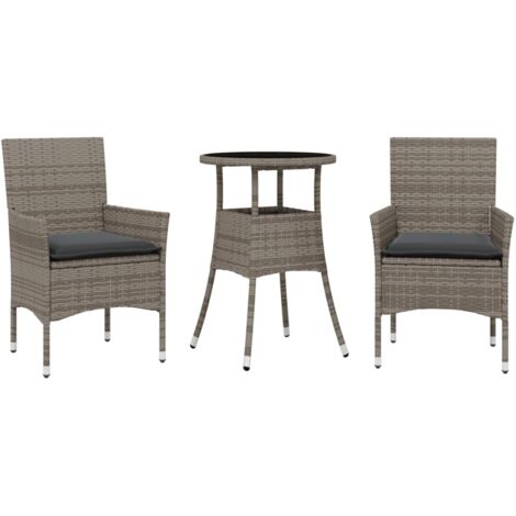 Ensemble à manger de jardin et coussins 3 pcs，Salon de jardin gris rotin verre CFW29954