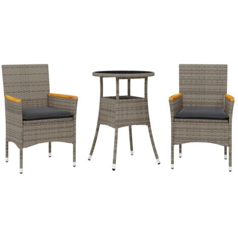 Ensemble à manger de jardin et coussins 3 pcs，Salon de jardin gris rotin verre CFW62931