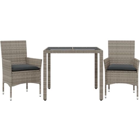 Ensemble à manger de jardin et coussins 3 pcs，Salon de jardin gris rotin verre CFW98294