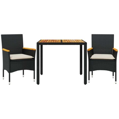 Ensemble à manger de jardin et coussins 3 pcs，Salon de jardin noir rotin acacia CFW69090