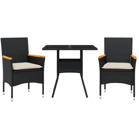 Ensemble à manger de jardin et coussins 3 pcs，Salon de jardin noir rotin verre CFW12081