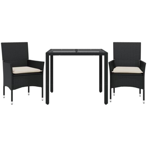 Ensemble à manger de jardin et coussins 3 pcs，Salon de jardin noir rotin verre CFW23438