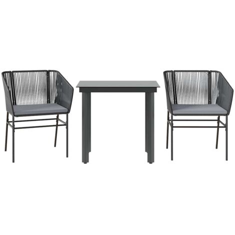 Ensemble à manger de jardin et coussins 3 pcs，Salon de jardin noir rotin verre CFW31317