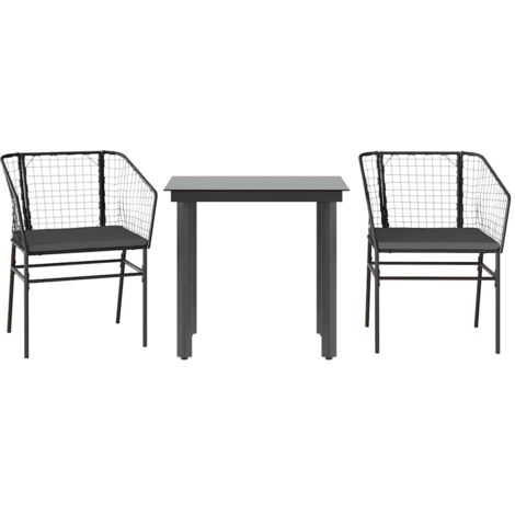 Ensemble à manger de jardin et coussins 3 pcs，Salon de jardin noir rotin verre CFW43394