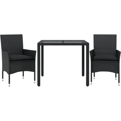 Ensemble à manger de jardin et coussins 3 pcs，Salon de jardin noir rotin verre CFW49984