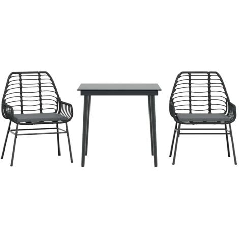 Ensemble à manger de jardin et coussins 3 pcs，Salon de jardin noir rotin verre CFW70001