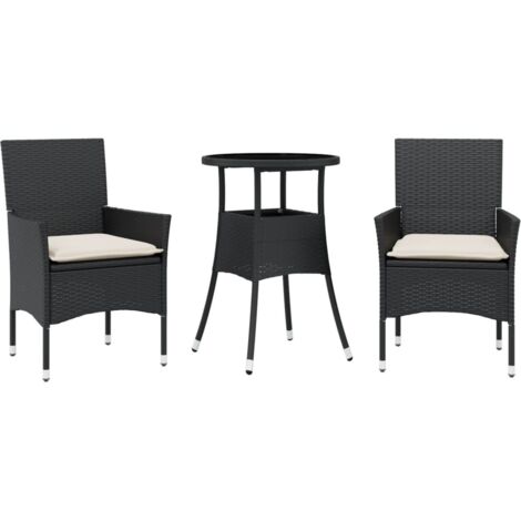 Ensemble à manger de jardin et coussins 3 pcs，Salon de jardin noir rotin verre CFW79915