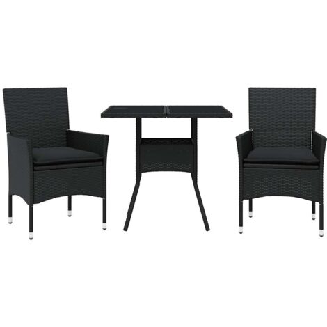 Ensemble à manger de jardin et coussins 3 pcs，Salon de jardin noir rotin verre CFW89903