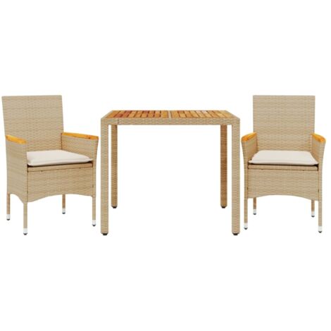 Ensemble à manger de jardin et coussins 3pcs beige rotin acacia