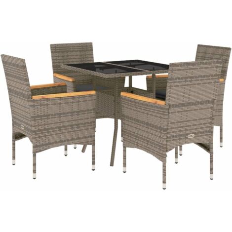 Ensemble à manger de jardin et coussins 5 pcs，Salon de jardin gris rotin verre CFW94515