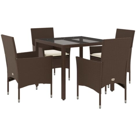 Ensemble à manger de jardin et coussins 5 pcs，Salon de jardin marron rotin verre CFW20520