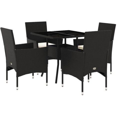Ensemble à manger de jardin et coussins 5 pcs，Salon de jardin noir rotin verre CFW14944