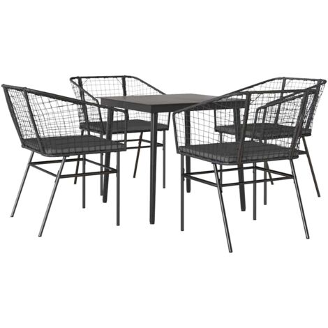Ensemble à manger de jardin et coussins 5 pcs，Salon de jardin noir rotin verre CFW17142