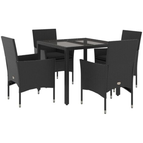 Ensemble à manger de jardin et coussins 5 pcs，Salon de jardin noir rotin verre CFW34236