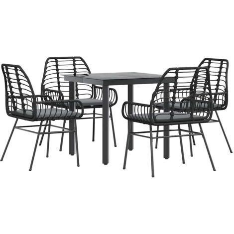 Ensemble à manger de jardin et coussins 5 pcs，Salon de jardin noir rotin verre CFW34801