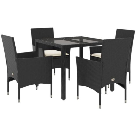 Ensemble à manger de jardin et coussins 5 pcs，Salon de jardin noir rotin verre CFW47266