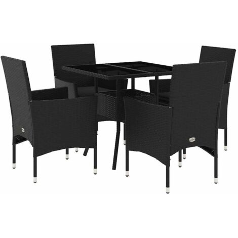Ensemble à manger de jardin et coussins 5 pcs，Salon de jardin noir rotin verre CFW54263