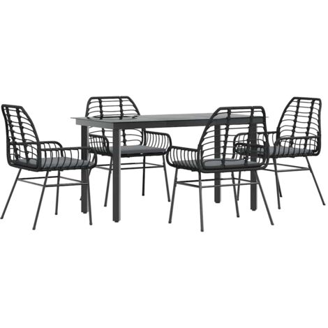 Ensemble à manger de jardin et coussins 5 pcs，Salon de jardin noir rotin verre CFW58487