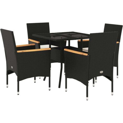 Ensemble à manger de jardin et coussins 5 pcs，Salon de jardin noir rotin verre CFW88659