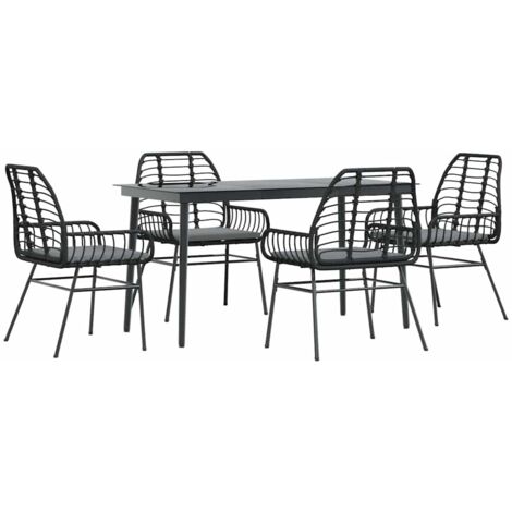 Ensemble à manger de jardin et coussins 5 pcs，Salon de jardin noir rotin verre CFW95572