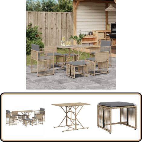 Ensemble à manger de jardin et coussins 7 pcs beige poly rotin - Salon De Jardin - Mobilier De Jardin - Set Salon De Jardin - Table De Jardin - Chaises De Jardin