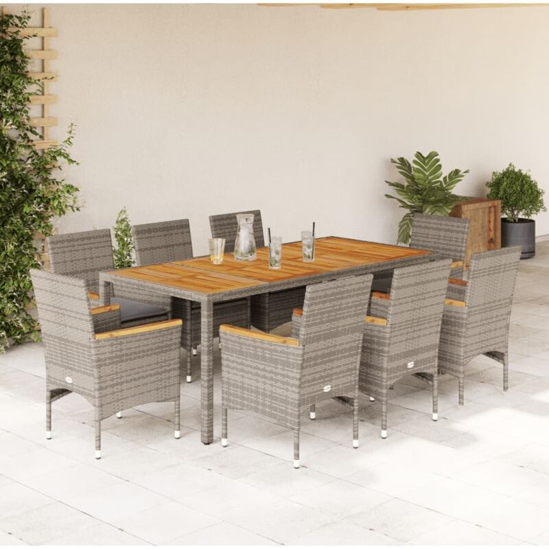 Ensemble à manger de jardin et coussins 9 pcs gris rotin acacia Vidaxl