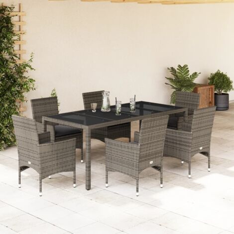 Ensemble à manger de jardin et coussins 7 pcs-Salon de jardin gris rotin verre 518727