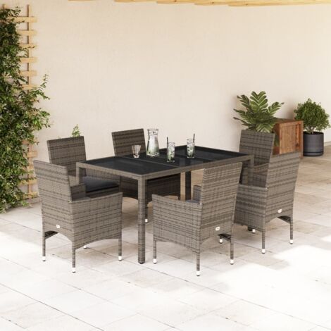 Ensemble à manger de jardin et coussins 7 pcs-Salon de jardin gris rotin verre 863512