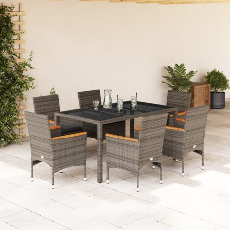 Ensemble à manger de jardin et coussins 7 pcs-Salon de jardin gris rotin verre 874467