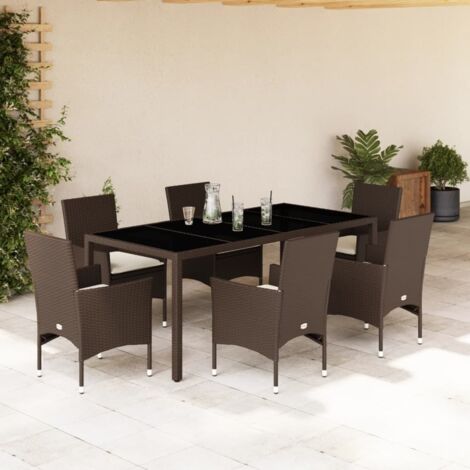 Ensemble à manger de jardin et coussins 7 pcs-Salon de jardin marron rotin verre