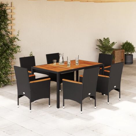 Ensemble à manger de jardin et coussins 7 pcs-Salon de jardin noir rotin acacia 124289