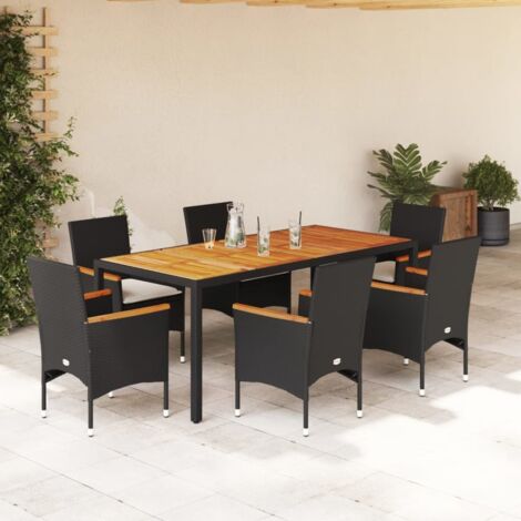 Ensemble à manger de jardin et coussins 7 pcs-Salon de jardin noir rotin acacia 721832