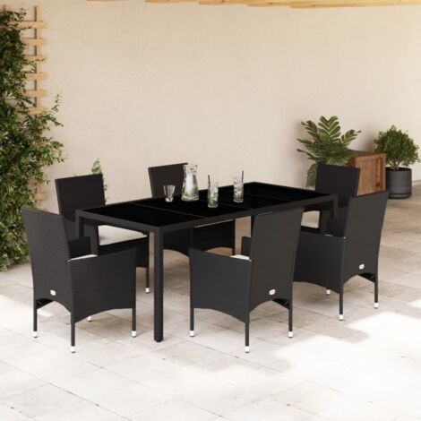 Ensemble à manger de jardin et coussins 7 pcs-Salon de jardin noir rotin acacia 902474