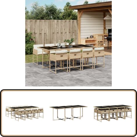 Ensemble à manger de jardin et coussins 9 pcs beige Poly rotin - Salon De Jardin - Meuble De Jardin - Set De Salon De Jardin - Résine Tressée - Mobilier D'extérieur