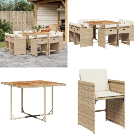 Ensemble à manger de jardin et coussins 9 pcs beige Poly rotin - Salon De Jardin - Meuble De Jardin - Set Salon De Jardin - Résine Tressée - Poly Rotin - Home & Living