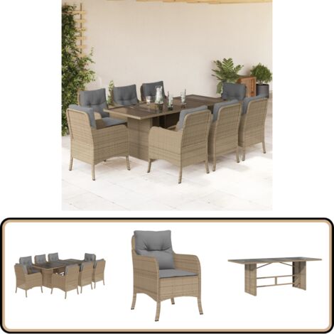 Ensemble à manger de jardin et coussins 9 pcs beige Poly rotin - Salon De Jardin - Mobilier De Jardin - Set De Jardin - Table De Jardin - Chaises De Jardin