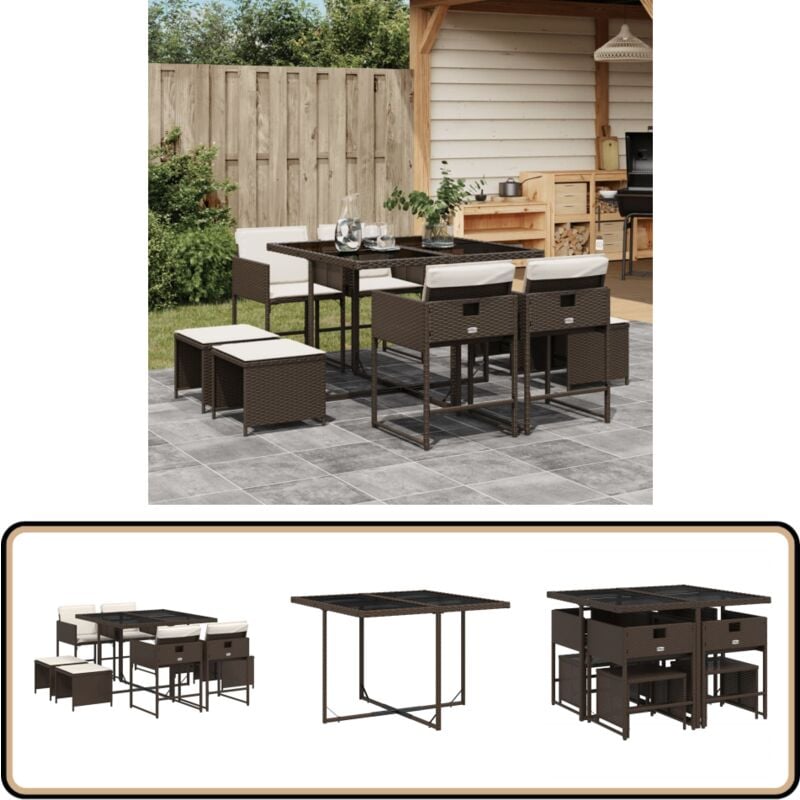 Ensemble à manger de jardin et coussins 9 pcs marron poly rotin - Ensemble Salon De Jardin - Meuble De Jardin - Résine Tressée - Mobilier D'extérieur