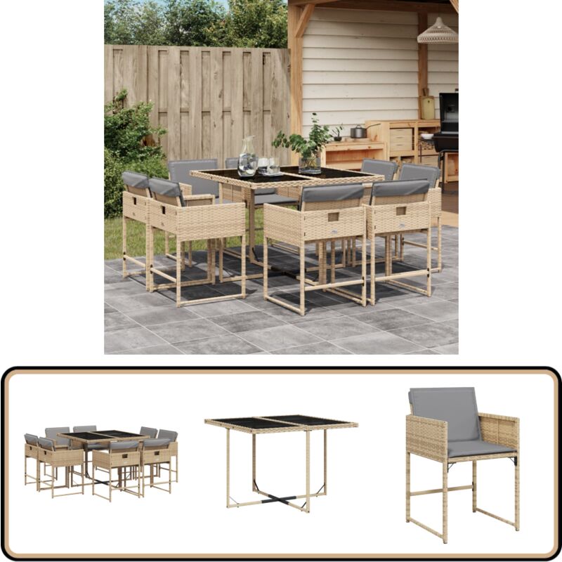 Ensemble à manger de jardin et coussins 9 pcs mélange beige - Salon De Jardin - Meuble De Jardin - Set Salon De Jardin - Mobilier De Jardin - Table
