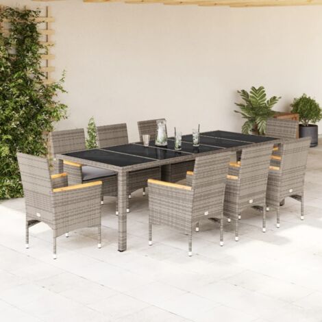 Ensemble à manger de jardin et coussins 9 pcs-Salon de jardin gris rotin verre 771939