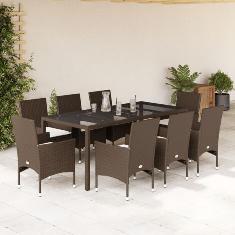 Ensemble à manger de jardin et coussins 9 pcs-Salon de jardin marron rotin verre