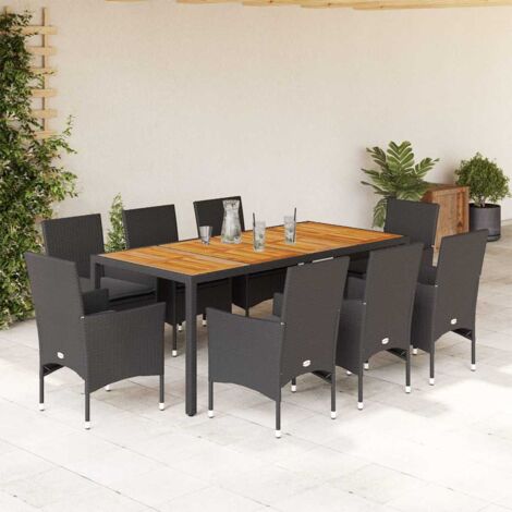Ensemble à manger de jardin et coussins 9 pcs-Salon de jardin noir rotin acacia 598104