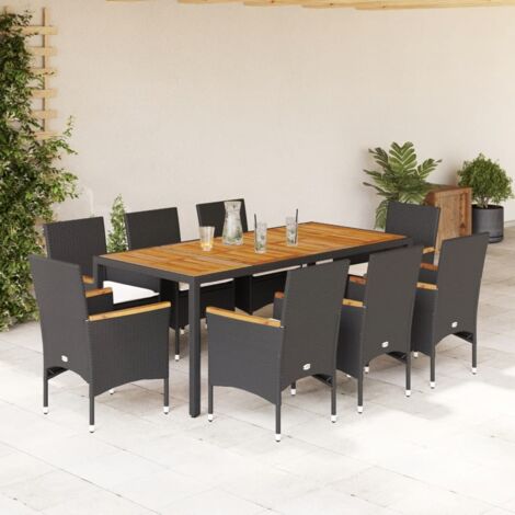 Ensemble à manger de jardin et coussins 9 pcs-Salon de jardin noir rotin acacia 867510