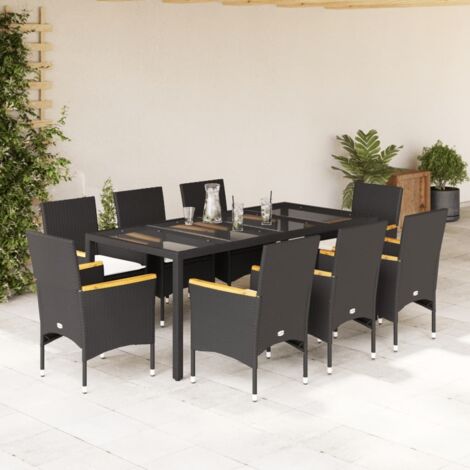 Ensemble à manger de jardin et coussins 9 pcs-Salon de jardin noir rotin verre 758167