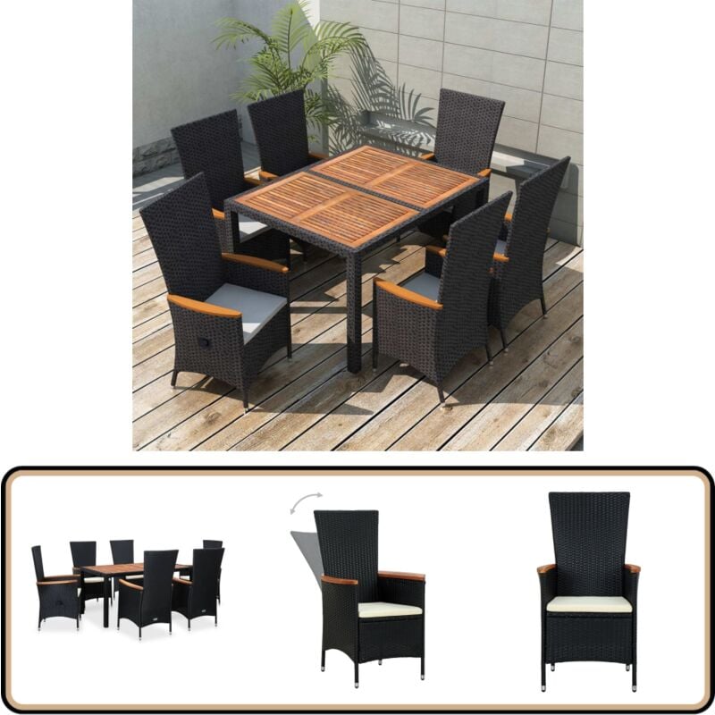 Ensemble à manger d'extérieur 7pcs Résine tressée acacia Noir - Mobilier De Jardin - Salon De Jardin - Set De Jardin - Ensemble Repas Extérieur