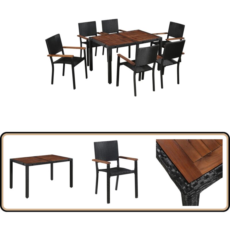 Ensemble à manger d'extérieur 7pcs Résine tressée acacia Noir - Salon De Jardin - Mobilier De Jardin - Table De Jardin - Chaises De Jardin - Set