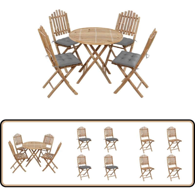 Ensemble à manger d'extérieur pliable 5pcs avec coussins Bambou - Salon De Jardin - Mobilier De Jardin - Set De Table Extérieur - Table Et Chaises