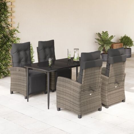 Ensemble à manger extérieur 5 pcs - Table verre 160 cm - Chaises résine tressée grises - Coussins amovibles et lavables